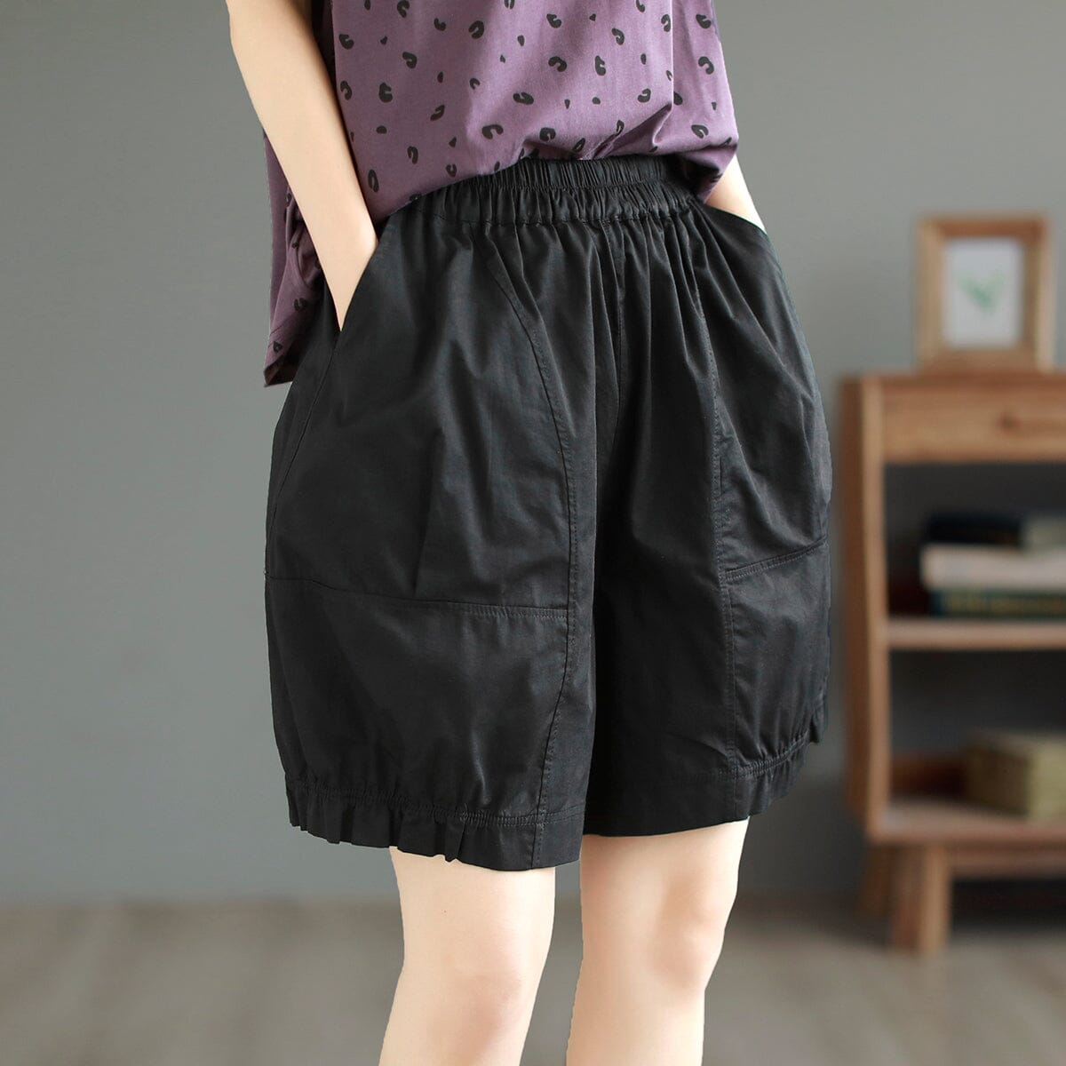 Summer Casual Loose Thin Solid Shorts May 2023 New Arrival One Size Black 