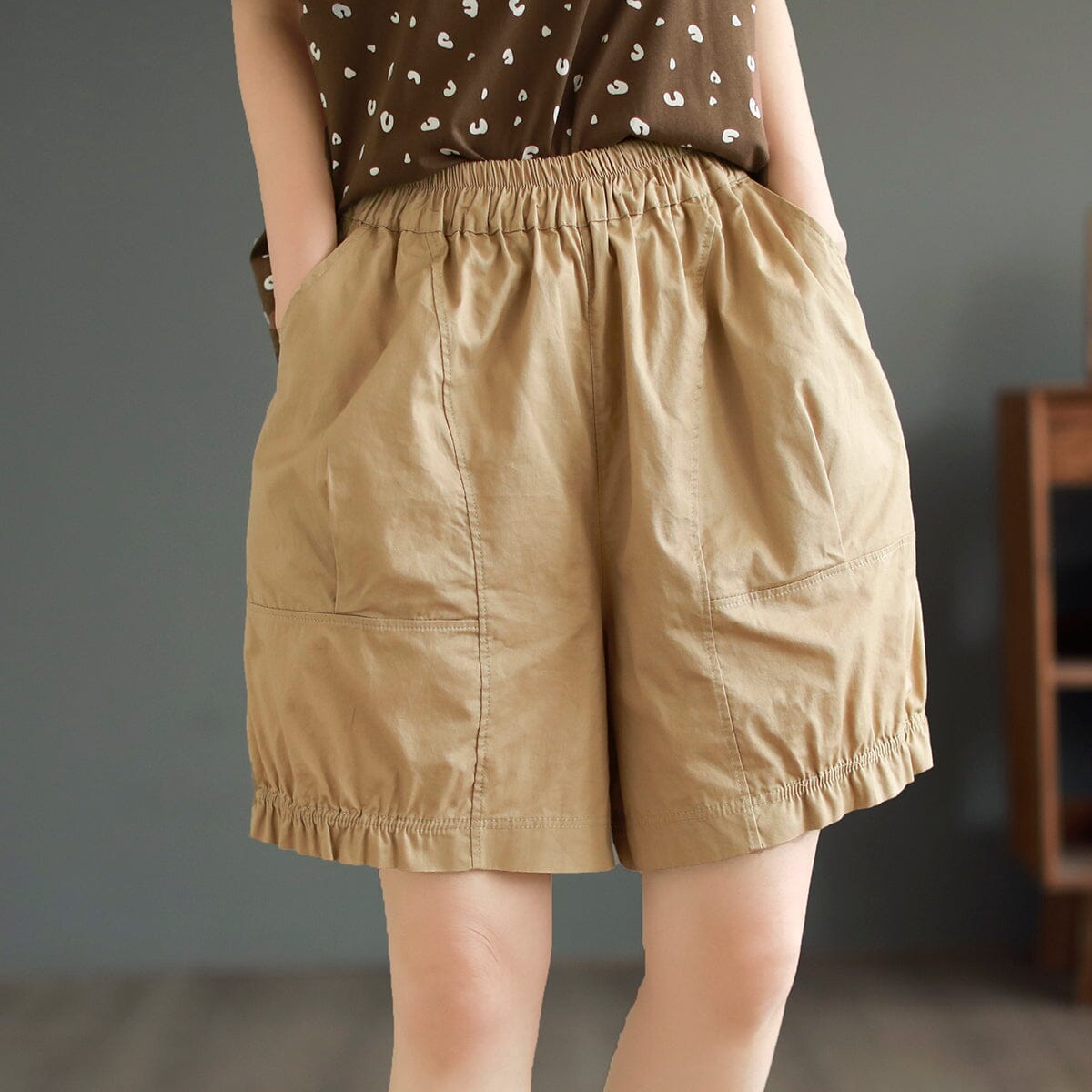Summer Casual Loose Thin Solid Shorts May 2023 New Arrival One Size Khaki 