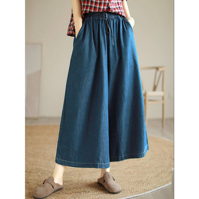 Summer Casual Loose Wide Leg Cotton Jeans Jul 2023 New Arrival One Size Blue 