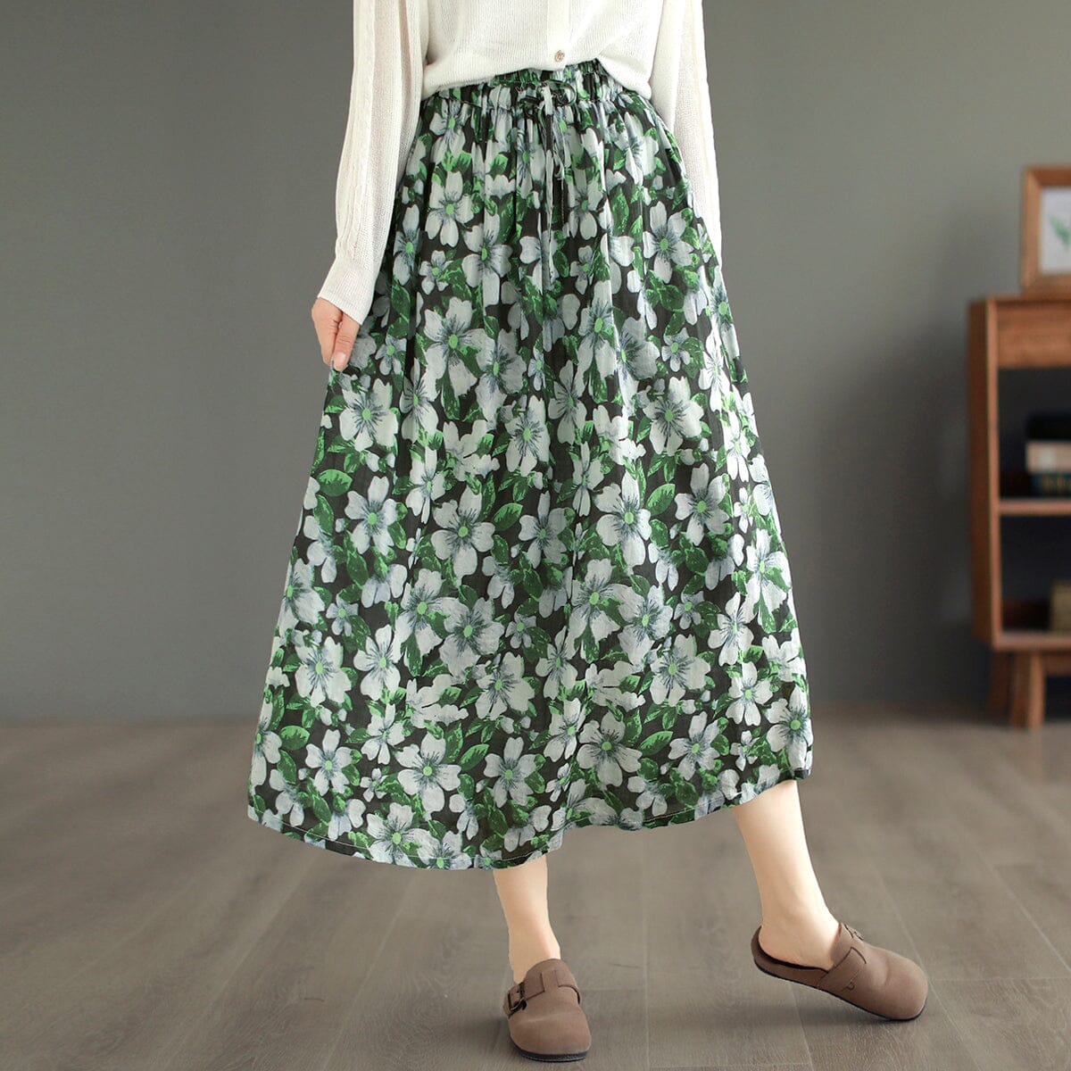 Summer Casual Retro Floral Print Linen Skirt