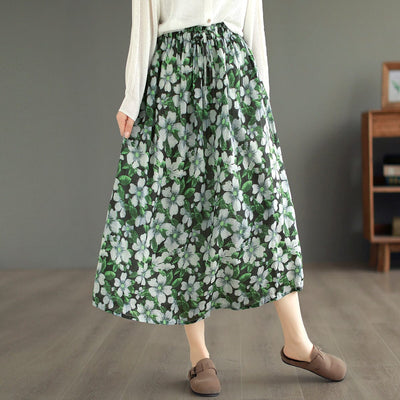 Summer Casual Retro Floral Print Linen Skirt Jun 2023 New Arrival One Size Green 