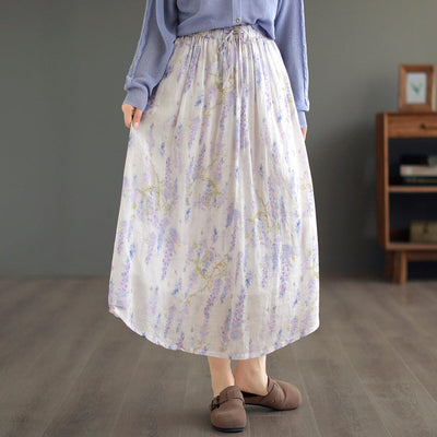 Summer Casual Retro Floral Print Linen Skirt Jun 2023 New Arrival One Size White 