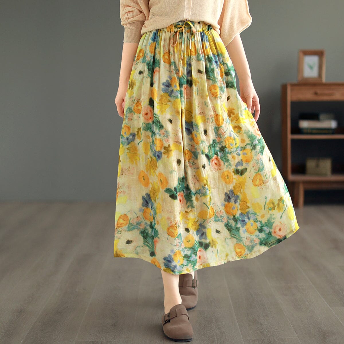 Summer Casual Retro Floral Print Linen Skirt Jun 2023 New Arrival One Size Yellow 
