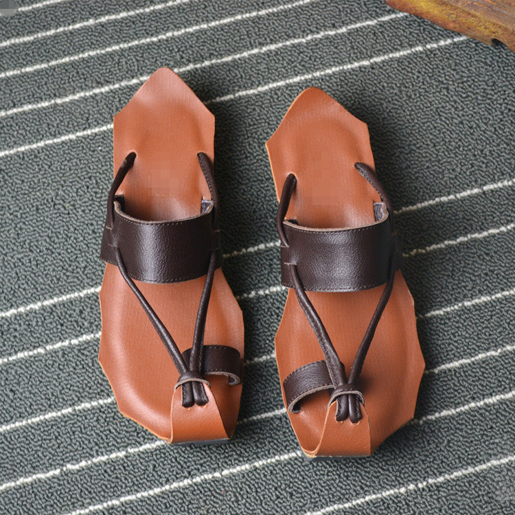 Summer Casual Retro Leather Handmade Slippers Plus Size Jun 2022 New Arrival 35 Brown 