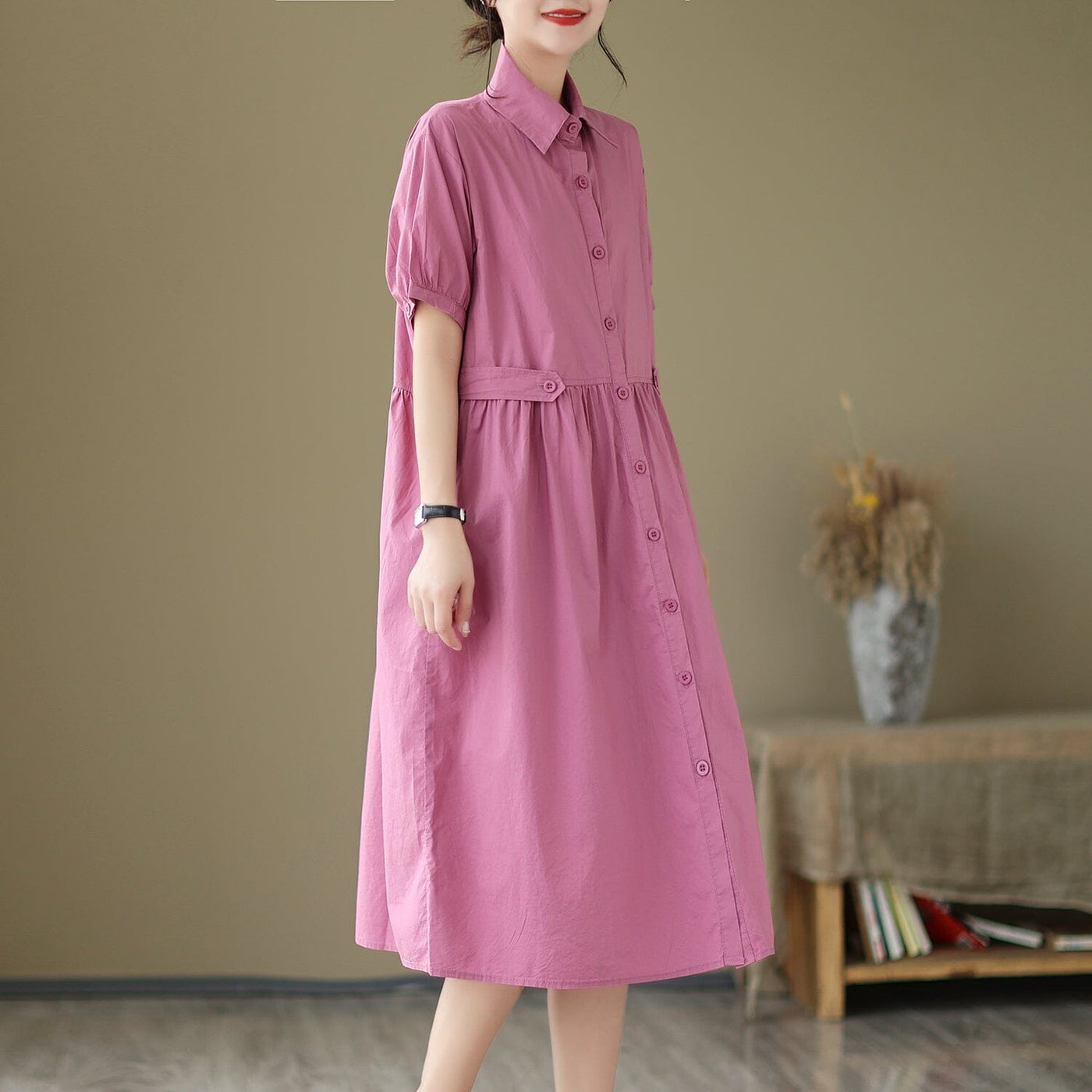 Summer Casual Solid Loose A-Line Dress May 2023 New Arrival One Size Pink 
