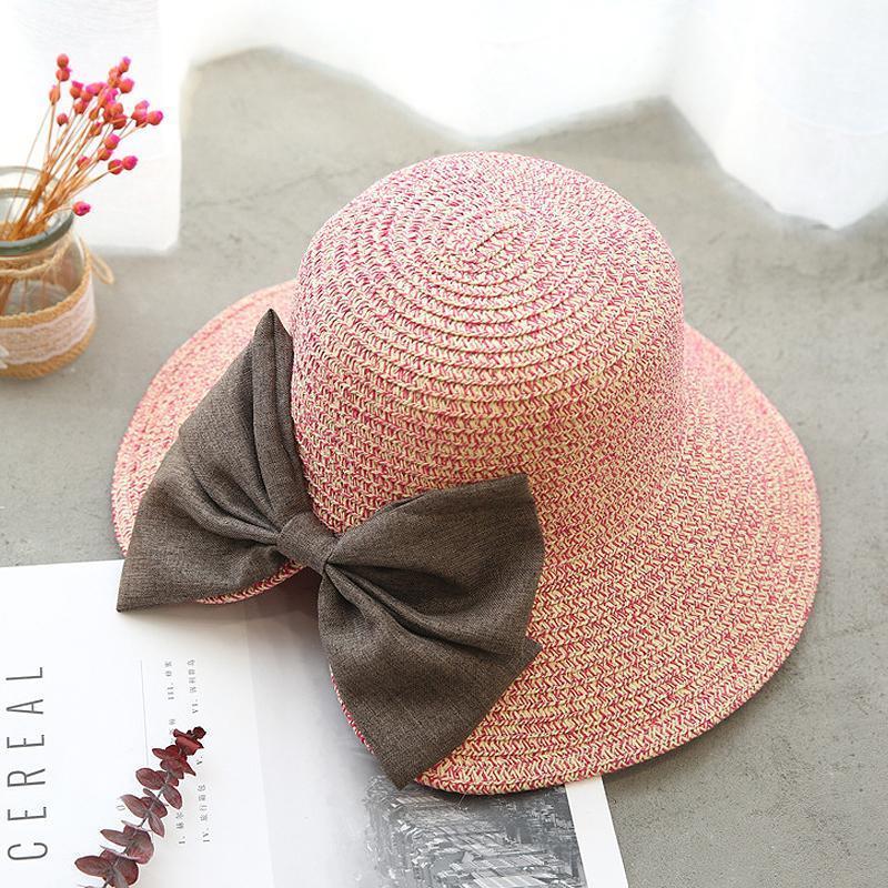 Summer Casual Solid Straw Bow Hat ACCESSORIES One Size Pink 