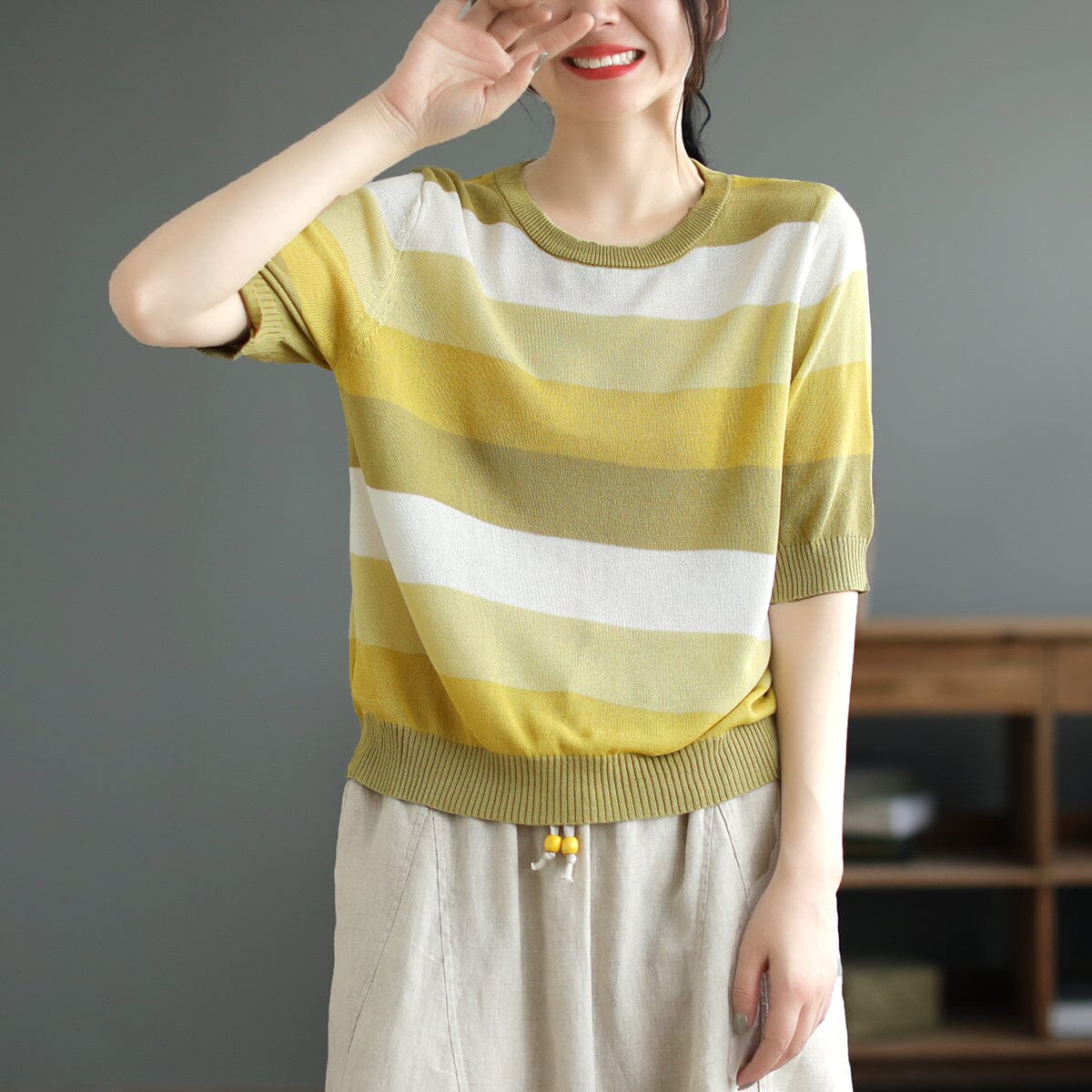 Summer Casual Stripe Knitted Half Sleeve Top