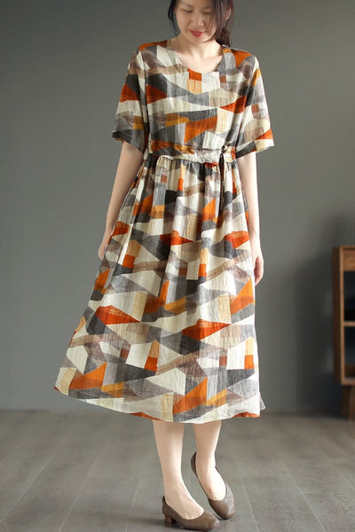 Summer Casual Stylish Print Linen Midi Dress