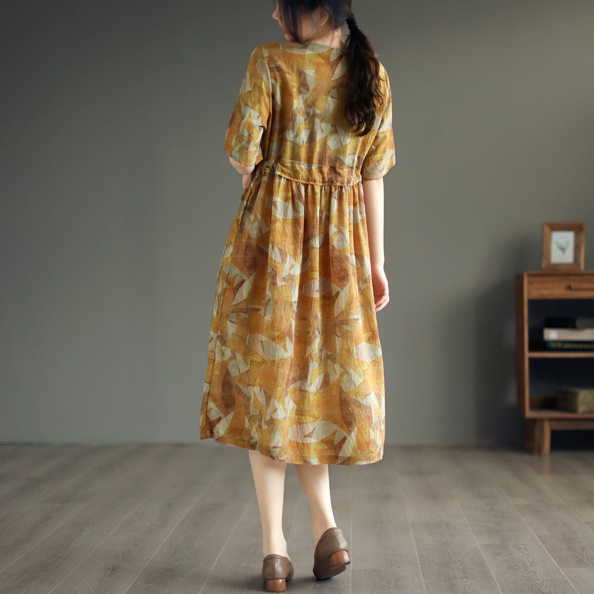 Summer Casual Stylish Print Linen Midi Dress Apr 2023 New Arrival 