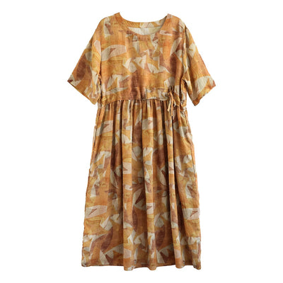 Summer Casual Stylish Print Linen Midi Dress Apr 2023 New Arrival 