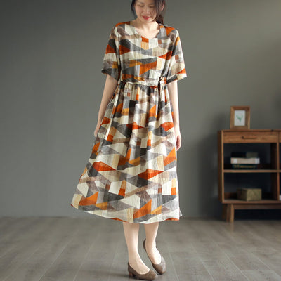 Summer Casual Stylish Print Linen Midi Dress Apr 2023 New Arrival 