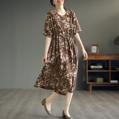 Summer Casual Stylish Print Linen Midi Dress Apr 2023 New Arrival One Size Coffee 