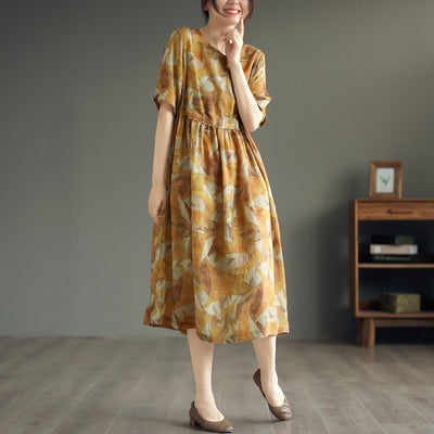 Summer Casual Stylish Print Linen Midi Dress Apr 2023 New Arrival One Size Yellow 