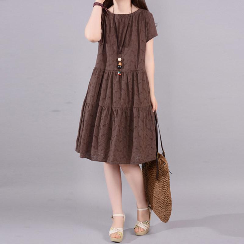 Summer Causal Embroidery Hollow Cotton Linen Midi Dress June 2021 New-Arrival Coffee 