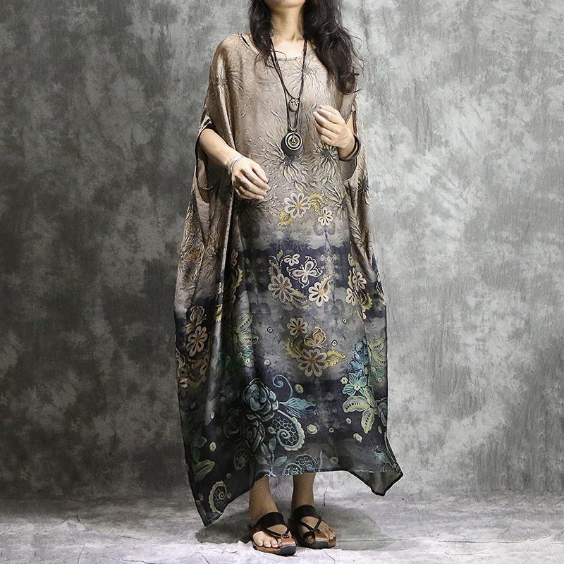 Summer Chiffon Two Piece Printed Loose Bat-wing Sleeve Dress Maxi Dresses Cll One Size Coffee 