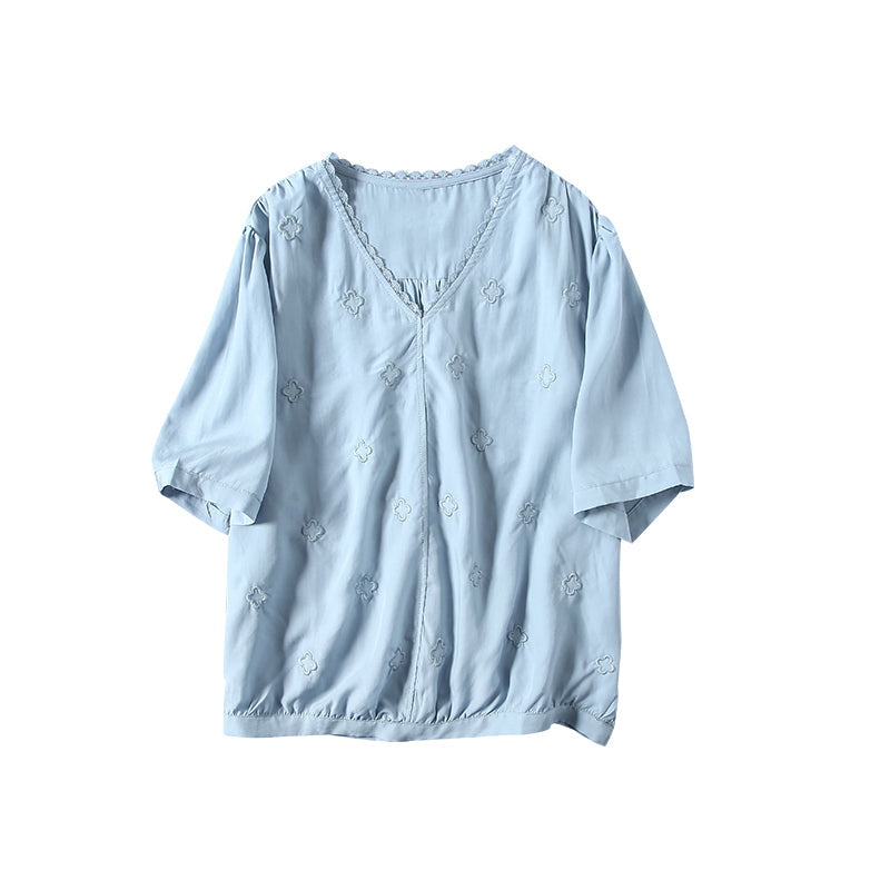 Summer Clover Embroidery V-Neck Cotton T-Shirt Jun 2022 New Arrival 