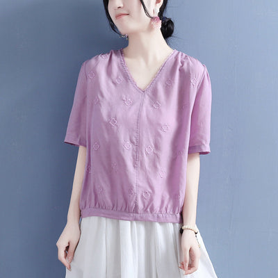 Summer Clover Embroidery V-Neck Cotton T-Shirt Jun 2022 New Arrival One Size Purple 