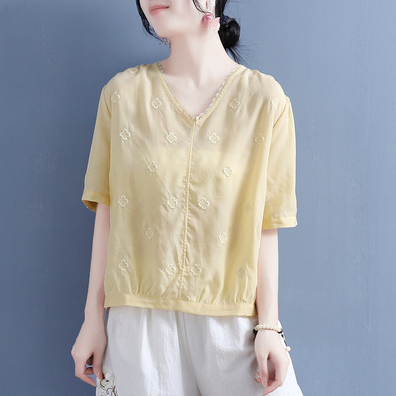 Summer Clover Embroidery V-Neck Cotton T-Shirt Jun 2022 New Arrival One Size Yellow 