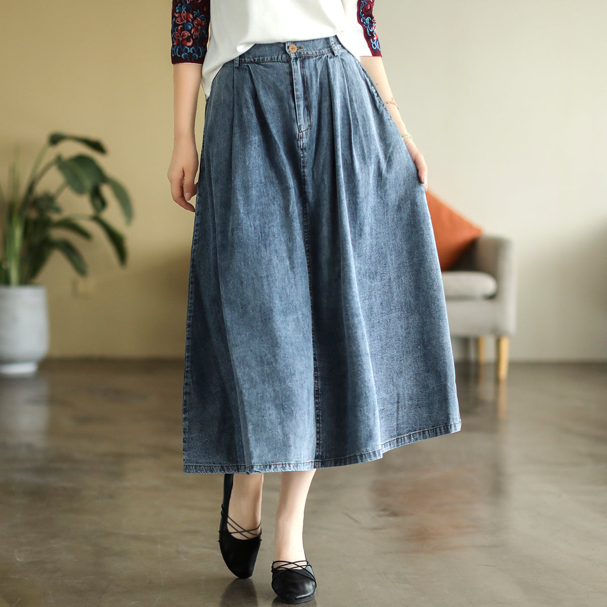 Summer Cotton Denim Retro A-Line High Waist Skirt