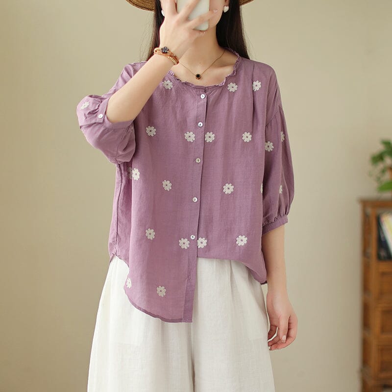 Summer Cotton Linen Floral Embroidery Casual Blouse