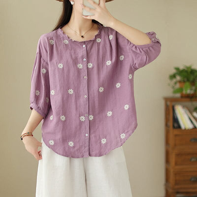 Summer Cotton Linen Floral Embroidery Casual Blouse Jun 2023 New Arrival 