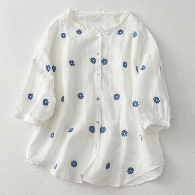 Summer Cotton Linen Floral Embroidery Casual Blouse Jun 2023 New Arrival M White 