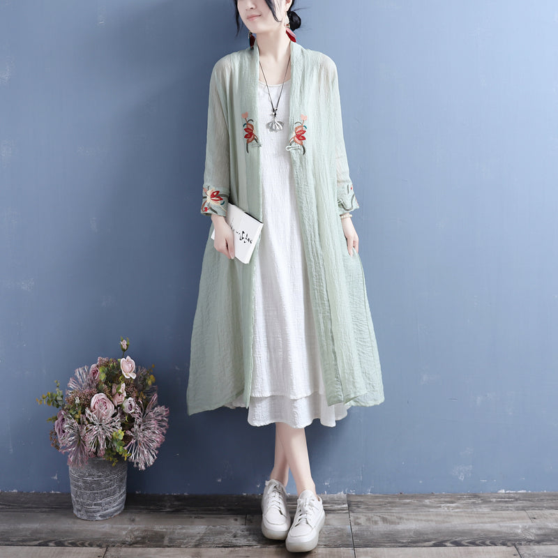 Summer Cotton Linen Floral Open Front Long Cardigan Apr 2022 New Arrival One Size Green 