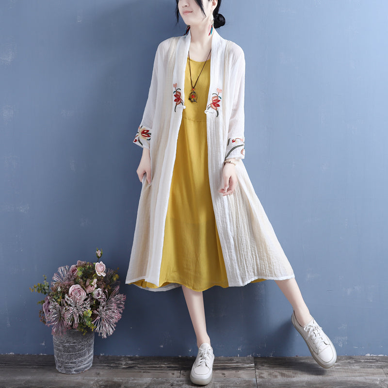 Summer Cotton Linen Floral Open Front Long Cardigan Apr 2022 New Arrival One Size White 