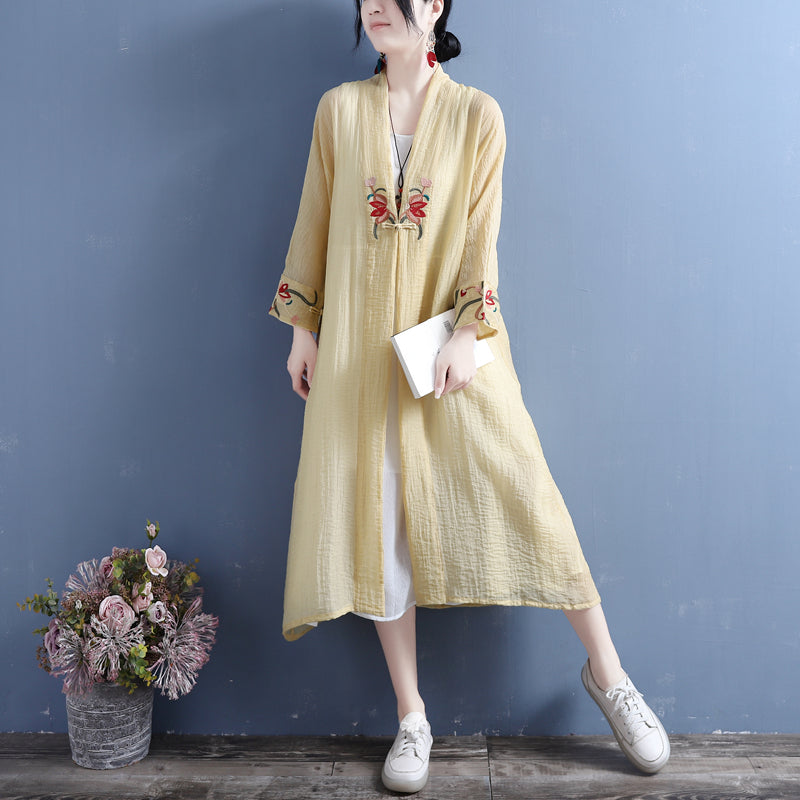 Summer Cotton Linen Floral Open Front Long Cardigan Apr 2022 New Arrival One Size Yellow 