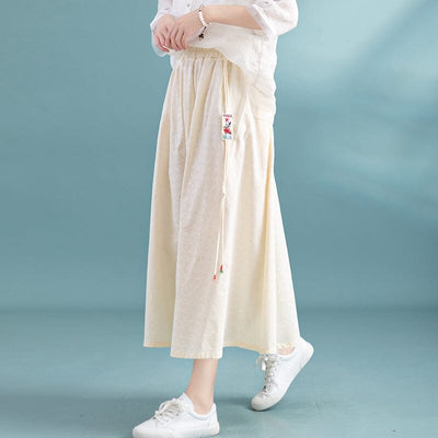Summer Cotton Linen Retro Tassel A-Line Skirt May 2023 New Arrival One Size Beige 