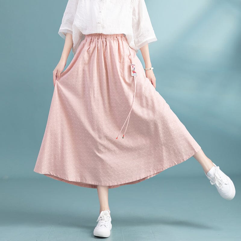 Summer Cotton Linen Retro Tassel A-Line Skirt May 2023 New Arrival One Size Pink 
