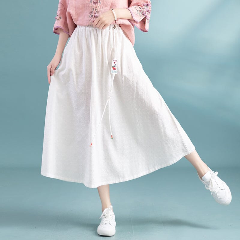 Summer Cotton Linen Retro Tassel A-Line Skirt May 2023 New Arrival One Size White 