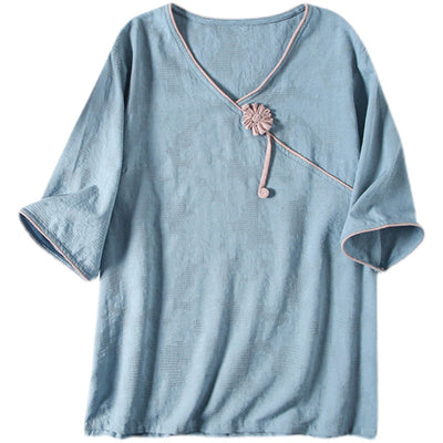 Summer Cotton Linen Skew Collar T-Shirt