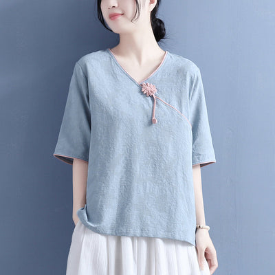 Summer Cotton Linen Skew Collar T-Shirt Jun 2022 New Arrival One Size Blue 