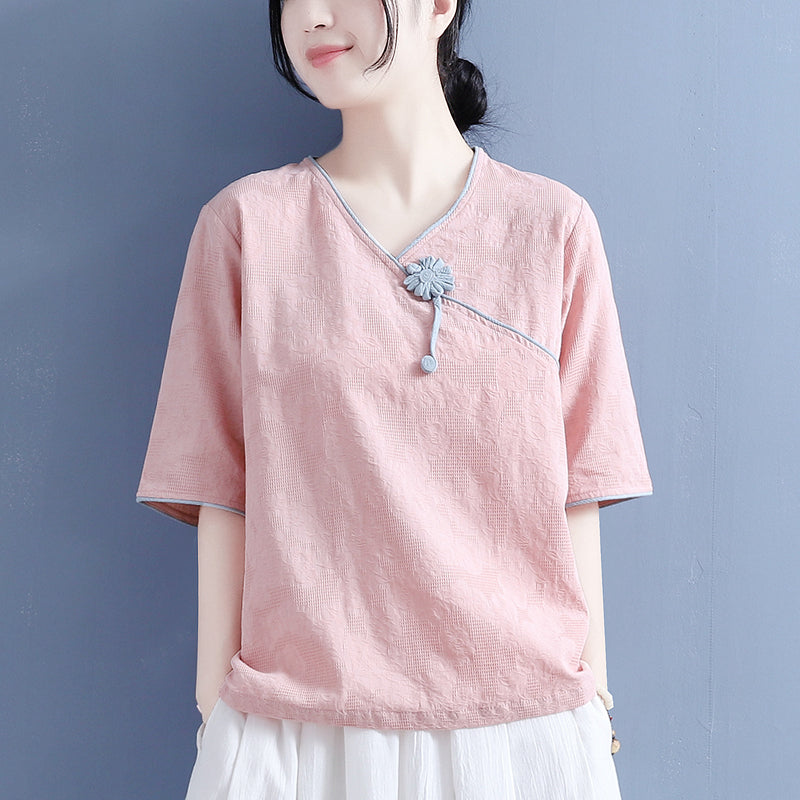 Summer Cotton Linen Skew Collar T-Shirt Jun 2022 New Arrival One Size Pink 