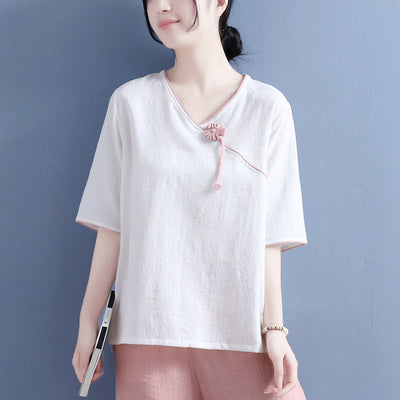 Summer Cotton Linen Skew Collar T-Shirt Jun 2022 New Arrival One Size White 