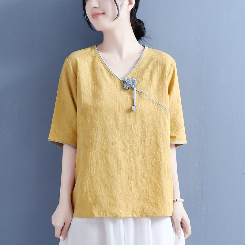 Summer Cotton Linen Skew Collar T-Shirt Jun 2022 New Arrival One Size Yellow 
