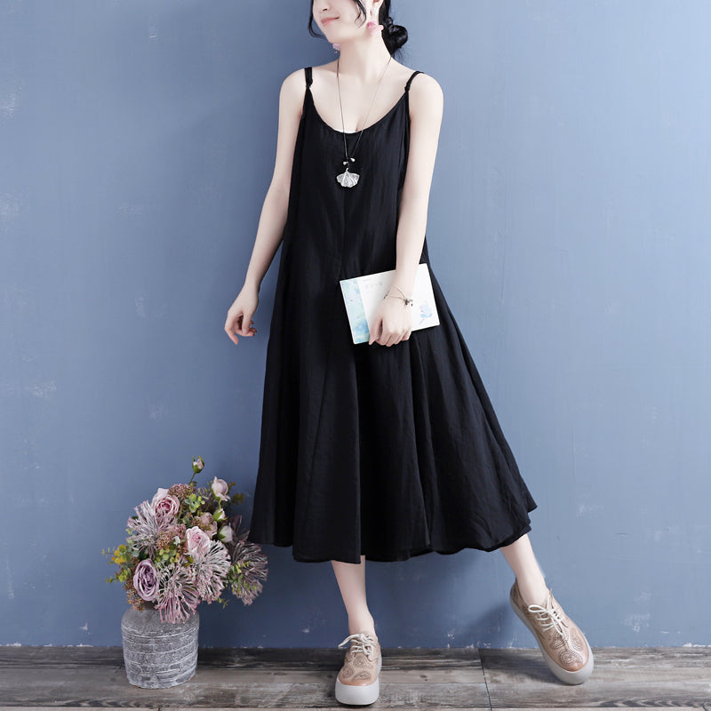 Summer Cotton Linen Sleeveless Retro Dress May 2022 New Arrival One Size Black 