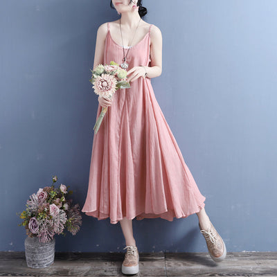 Summer Cotton Linen Sleeveless Retro Dress May 2022 New Arrival One Size Pink 