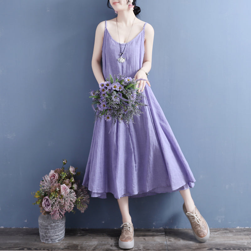 Summer Cotton Linen Sleeveless Retro Dress May 2022 New Arrival One Size Purple 