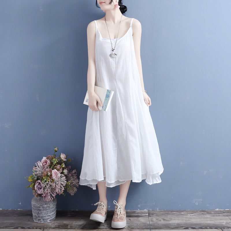 Summer Cotton Linen Sleeveless Retro Dress May 2022 New Arrival One Size White 
