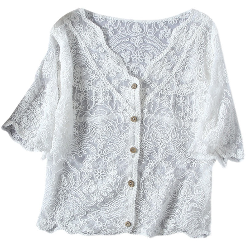 Summer Cotton Linen Translucent Lace Cardigan