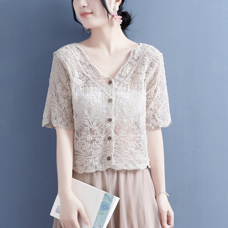 Summer Cotton Linen Translucent Lace Cardigan May 2022 New Arrival One Size Apricot 