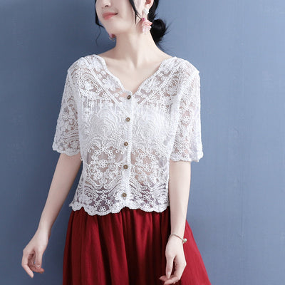 Summer Cotton Linen Translucent Lace Cardigan May 2022 New Arrival One Size White 