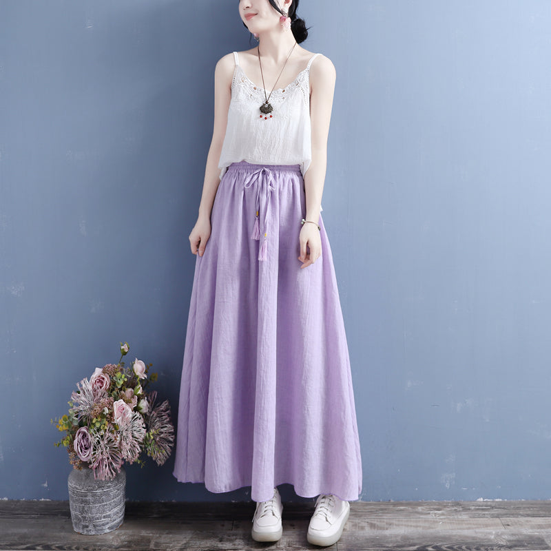 Summer Cotton Linen Vintage Fringed Drawstring Double Layers Skirt May 2022 New Arrival 