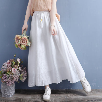 Summer Cotton Linen Vintage Fringed Drawstring Double Layers Skirt