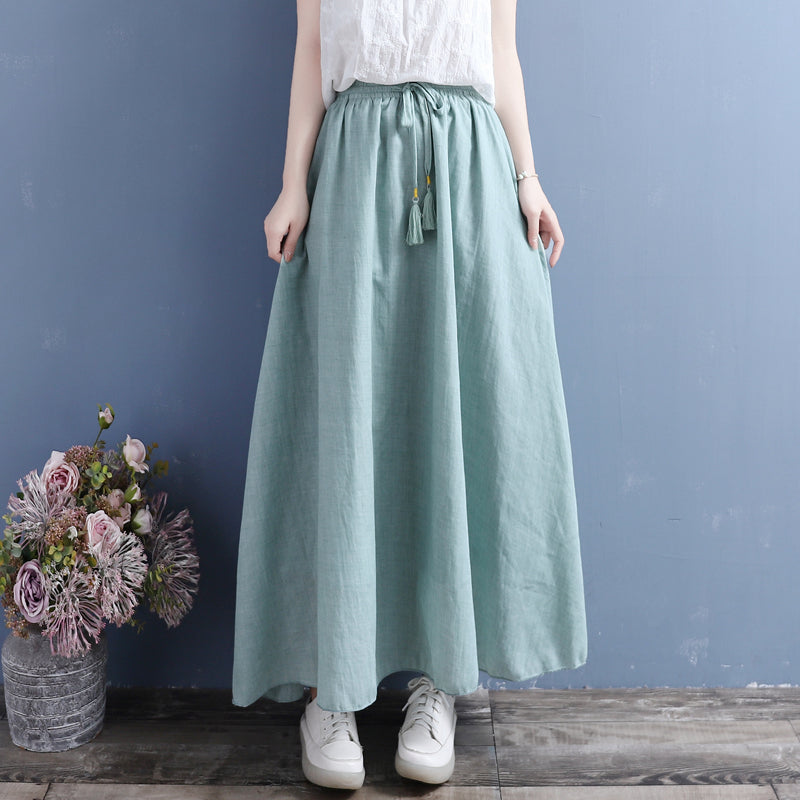 Summer Cotton Linen Vintage Fringed Drawstring Double Layers Skirt May 2022 New Arrival One Size Green 