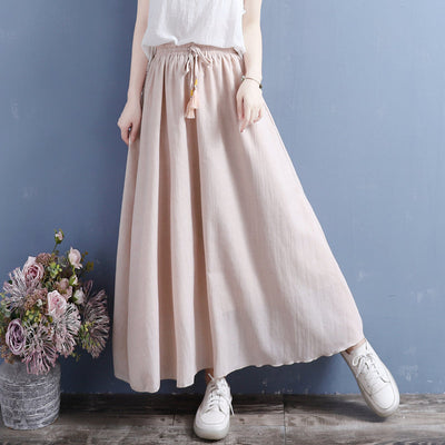 Summer Cotton Linen Vintage Fringed Drawstring Double Layers Skirt May 2022 New Arrival One Size Pink 