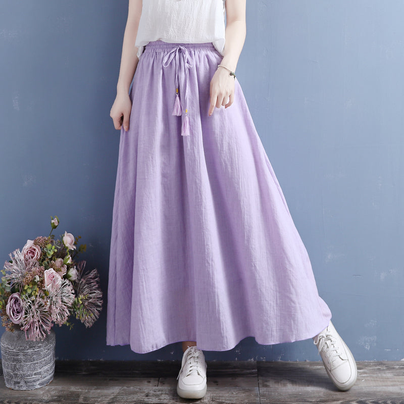 Summer Cotton Linen Vintage Fringed Drawstring Double Layers Skirt May 2022 New Arrival One Size Purple 