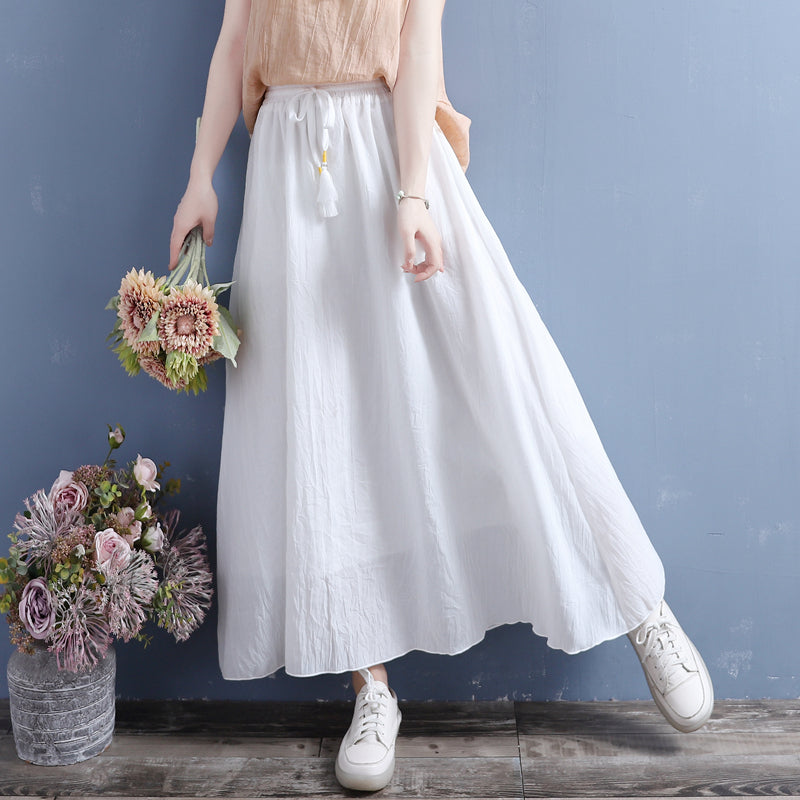 Summer Cotton Linen Vintage Fringed Drawstring Double Layers Skirt May 2022 New Arrival One Size White 
